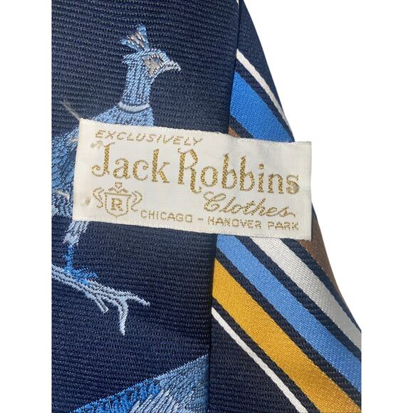Jack Robbins Mens Necktie Pheasants Vintage 70s Blue & Gold Stripes 58” X 4.25” - Picture 2 of 4